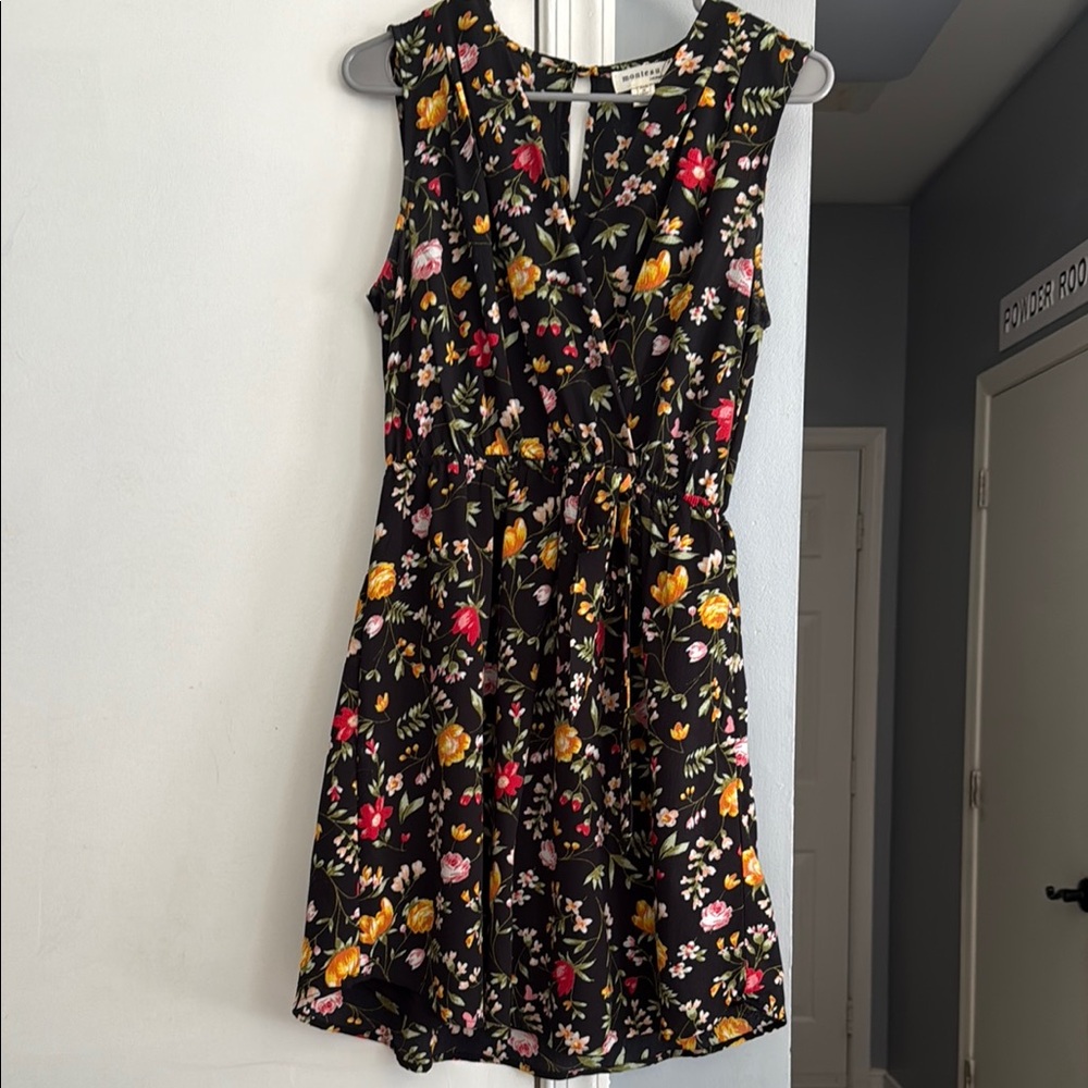 Monteau Black Floral Mini Dress with Yellow & Red Blooms